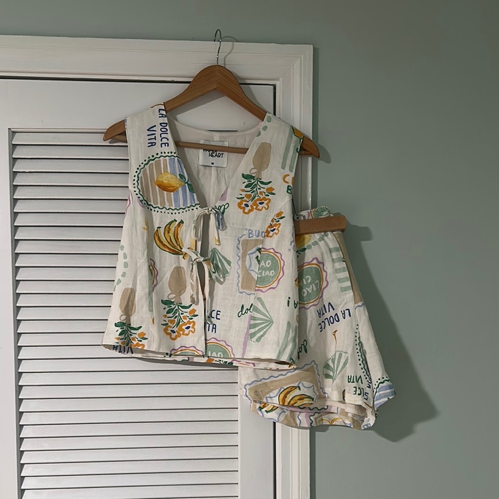 Colorful Printed Matching Linen Vest Top and Shorts Set